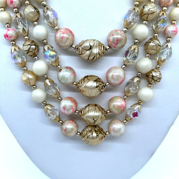 Vintage 4-Strand Japan Necklace Pink Swirled Beads Glass Acrylic Gold-Tone 1950s - Picture 3 of 16
